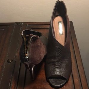 Halogen suede and leather open toe heels